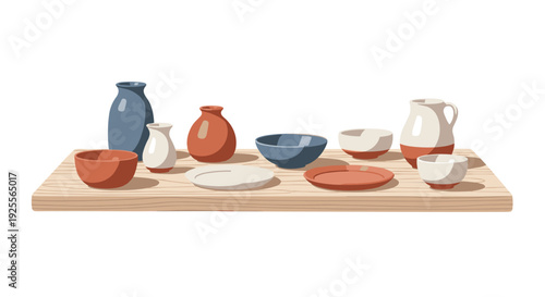 Ceramic pottery including vases bowls pitchers and plates in blue and terracotta sits on a wooden shelf against a white background.