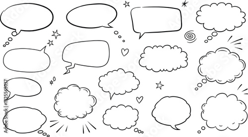 Hand drawn comic speech bubbles, thought clouds, chat balloons, message boxes, and doodle elements for creative dialogue and communication design.