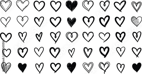 Hand drawn heart icons in various sketch styles, black ink love symbols, minimalist romance doodles for wedding and creative designs