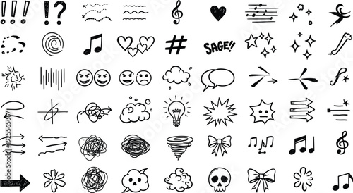 Hand drawn doodle icons, sketch design elements, arrows, hearts, music notes, speech bubbles, stars, and chaotic scribbles