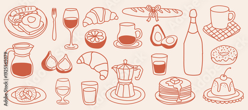 Hand Drawn Breakfast and Coffee Doodle Vector Set with Croissant, Bread, Wine, Pancakes and Dessert Icons in Minimal Line Art Style for Cafe Menu, Poster and Print Design
