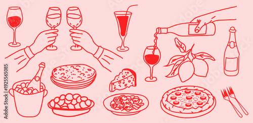Hand Drawn Italian Food and Wine Doodle Set. La Dolce Vita Line Art Vector Illustration with Pizza, Pasta, Champagne, Lemon and Dinner Party Icons for Menu Design