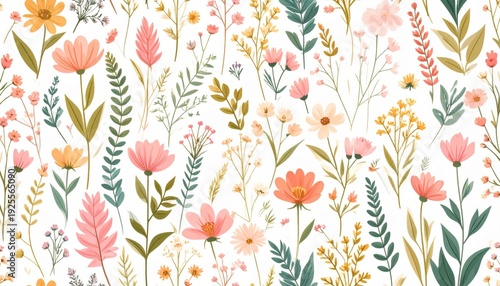 Floral Pattern with Pink Peach Yellow Green Leaves on White Background