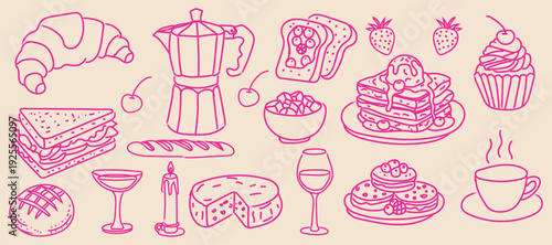 Hand Drawn Breakfast and Dessert Doodle Set. Minimalist Line Art Vector Illustration of Croissant, Pancakes, Coffee, Cake and Bakery Icons for Cafe Menu Design
