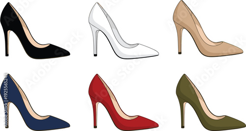 Women high heel shoes illustration set featuring elegant stiletto pumps fashion footwear collection in multiple colors vector isolated on white background