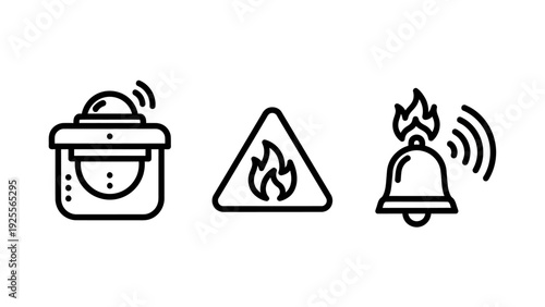 Smart Home Security and Fire Safety Alert Icons. Outline vector illustrations for motion sensors, fire hazards, and connected alarm systems.