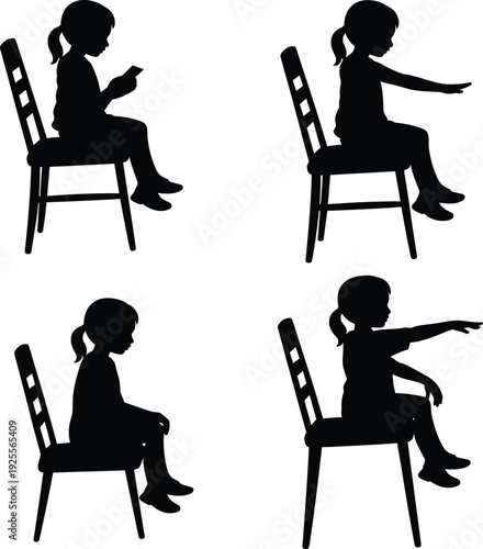 Black silhouettes of a young girl sitting in a chair using a smartphone and reaching forward isolated on white background for education and childhood