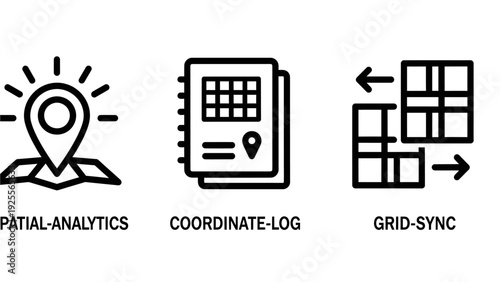 Spatial Analytics, Coordinate Logging, and Grid Synchronization Data Management Icons