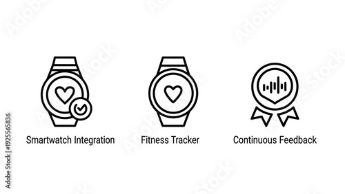 Modern Smartwatch Integration and Fitness Tracker Icons for Health Monitoring and Continuous Feedback - Vector Illustration