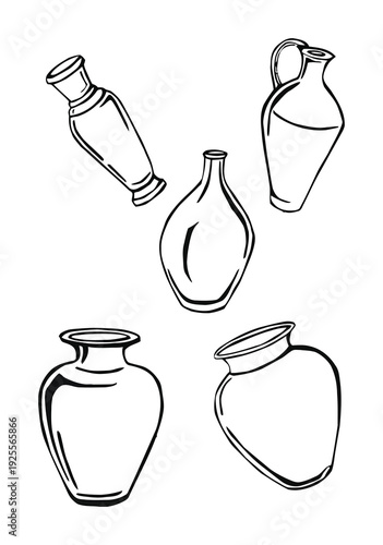A Collection of Five Black and White Line Vases and Jugs
