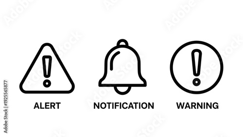 Essential UI/UX Icons: System Alert, Notification Bell, and Warning Signs for User Interface Design and Important Messages