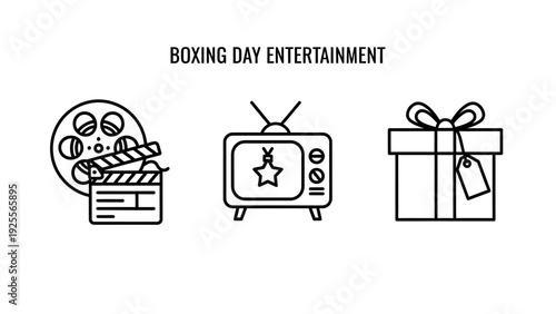 Boxing Day Entertainment Icons: Classic Television, Film Industry Symbols, and Gift Box for Holiday Celebrations and Post-Christmas Festivities