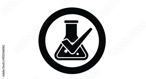 Black and white icon of a flask with a checkmark inside a circle