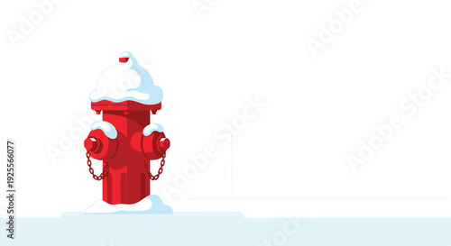 A close-up of a red fire hydrant with silver chains is heavily covered in white snow against a minimalist winter background.