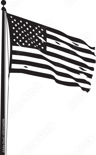 American flag silhouette on flagpole with tattered edges waving in wind vector illustration