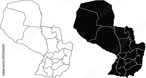 Paraguay Map with Internal Divisions Outline and Silhouette