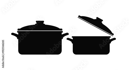 Black silhouette icons of two cooking pots one with a lifted lid