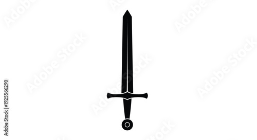 A simple black silhouette of a medieval longsword on a white background