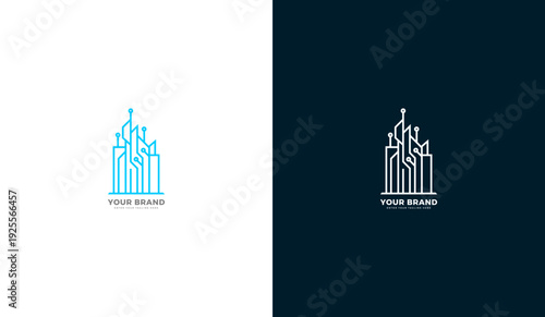 Smart city logo template featuring digital circuit buildings