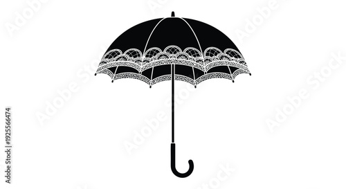 Elegant black umbrella with ornate lace detailing isolated on white