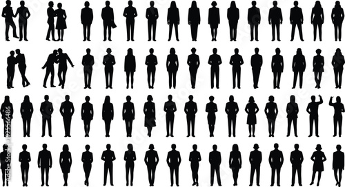 Standing business people silhouettes collection, professional men and women poses, corporate workforce crowd characters isolated on white background