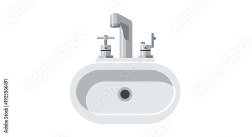 A white ceramic oval bathroom sink with a silver faucet and two metal handles is set against a solid white background.
