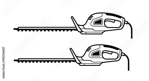 Line art illustration of two electric hedge trimmers side and top views