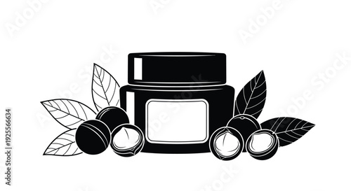 Black and white illustration of shea butter with leaves and nuts
