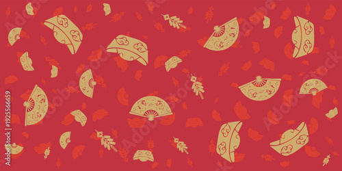 Traditional Japanese Fans Pattern on Red Background.