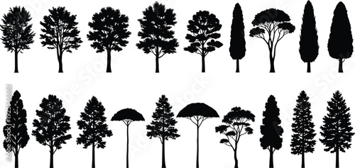 Massive Collection of Black Tree Silhouettes Featuring Pine Palm Cypress and Deciduous Species Vector Isolated Icons Set for Landscape Architecture Nature Design and Creative Illustration