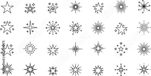 Star sparkle icons collection, magic burst shapes set, outline twinkle symbols, decorative fireworks stars vector isolated on white background