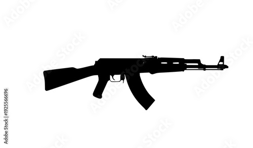 Create a clean black silhouette vector illustration of a classic AK-47 assault rifle in side view. Accurate proportions with recognizable curved magazine and wooden stock shape. Minimal flat design, s