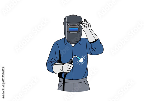 Welder in protective gear welding metal.