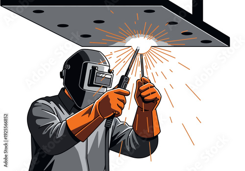 Welding Worker in Protective Gear Working.