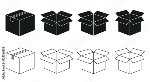 Illustration of cardboard boxes in various stages of opening