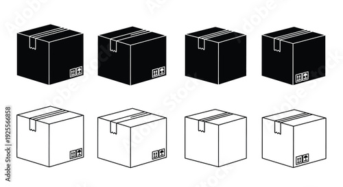 Isometric view of cardboard boxes black and white variations arranged in rows