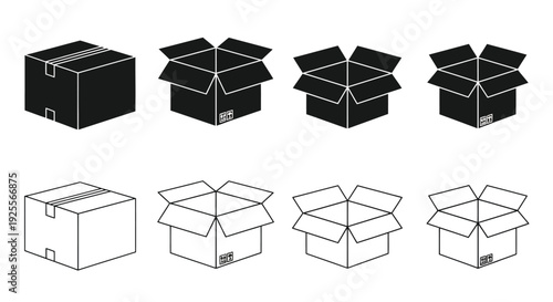 Black and white illustration of cardboard boxes in various opening stages