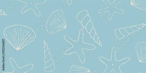 Seamless pattern with hand drawn seashells and starfish on a light blue background.