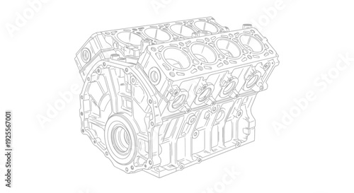 Line drawing of a v8 engine block mechanical illustration style