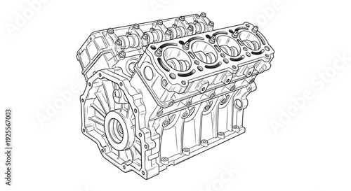Detailed line drawing of an automotive engine block showcasing internal components