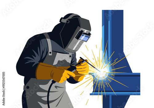 Welder in protective gear welding metal.