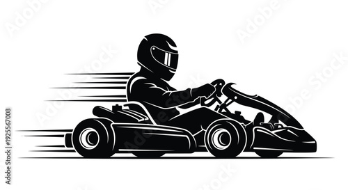A black and white illustration of a racer in a go kart speeding forward
