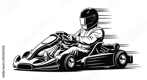 A black and white illustration of a driver in a speeding go kart