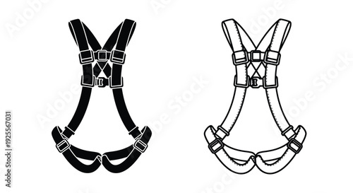 Two black and white illustrations of safety harnesses front and side views
