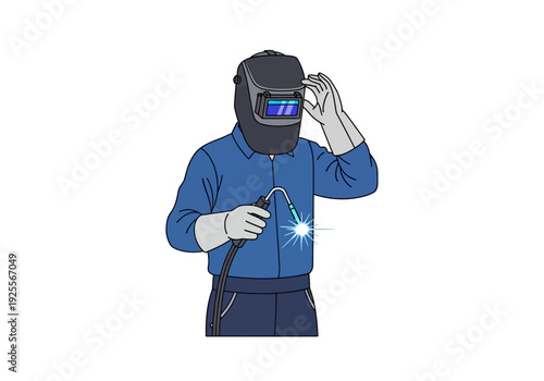 Welder in protective gear welding metal.