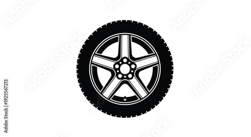 Simple black and white illustration of a car tire and wheel
