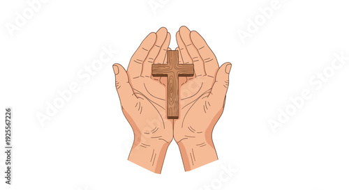 A pair of hands cupped together holding a plain wooden cross with visible wood grain texture centered on a solid white background.