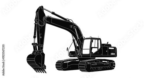 Black and white silhouette of a heavy duty excavator machine