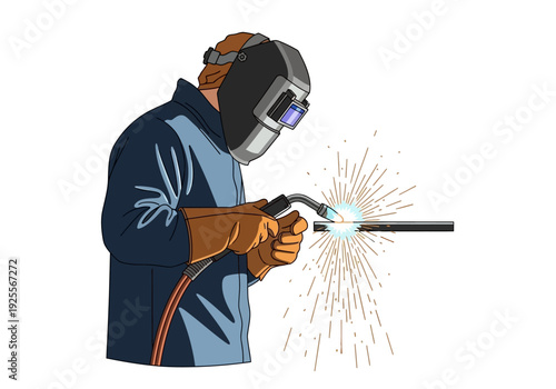 Welding Worker in Protective Gear Working.