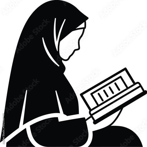 Ramadan kareem greetings with muslim woman reading quran illustration